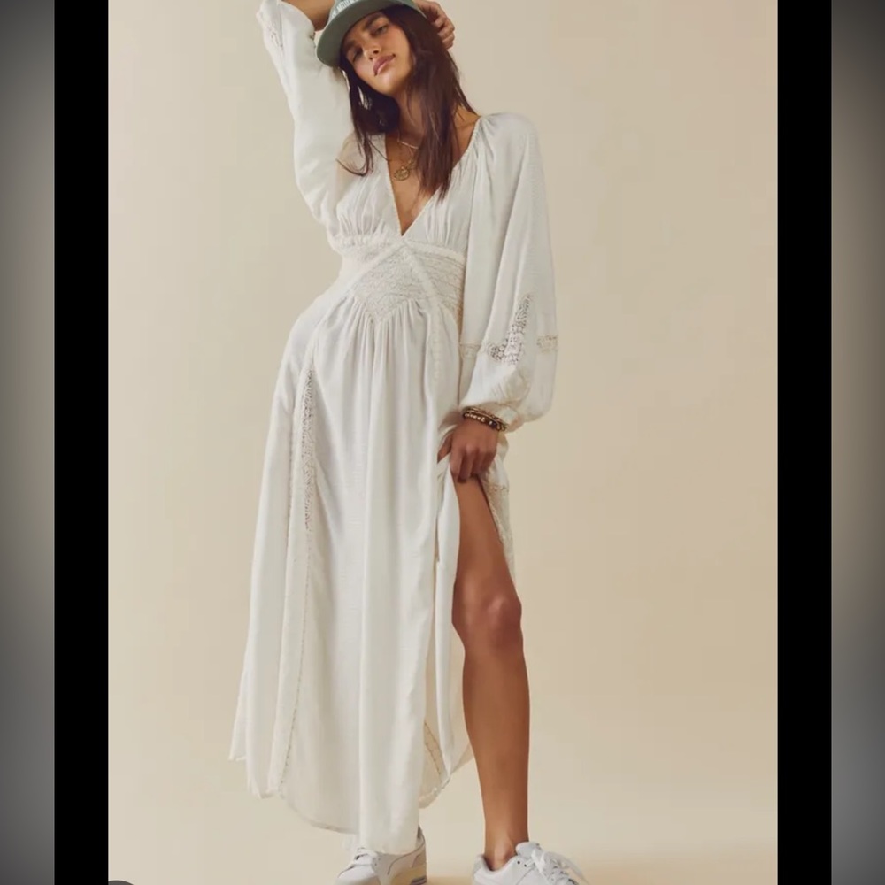NWT Free People Southwest Lace Maxi Dress Long Sleeve Boho Summer in Ivory White